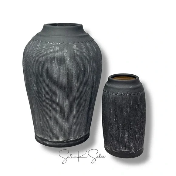 Magnolia Scalloped Black Vase - Large - Distressed Finish, Ceramic